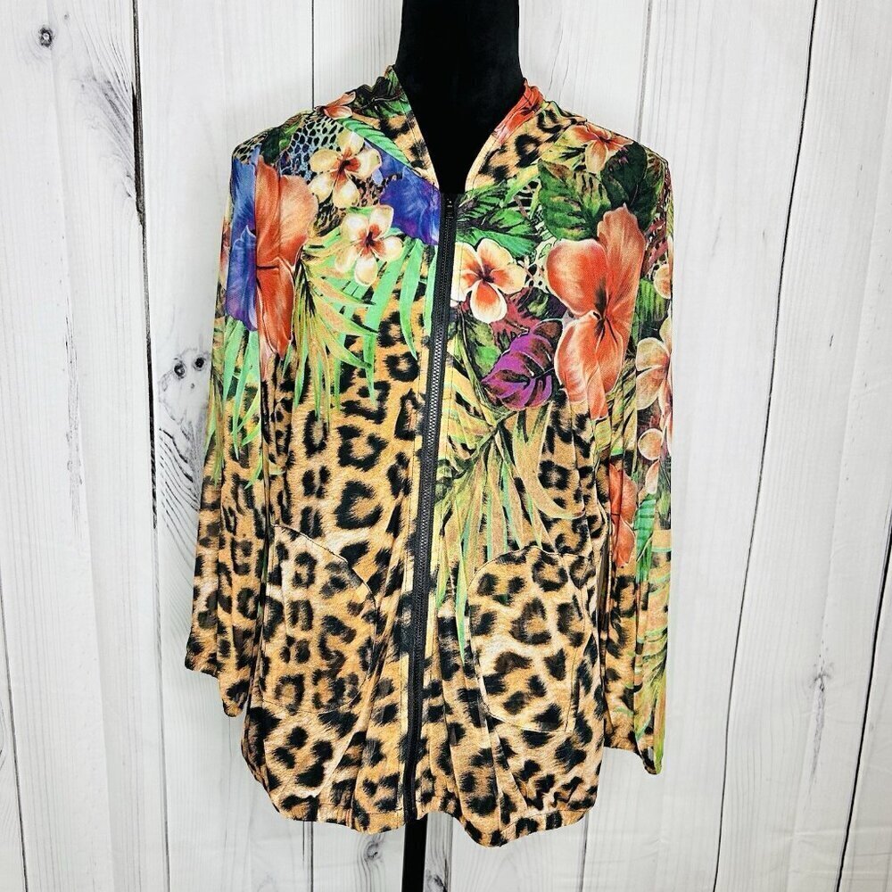 Simon Chang Floral Animal Print Over Mesh Hooded Jacket Size S Full Zip